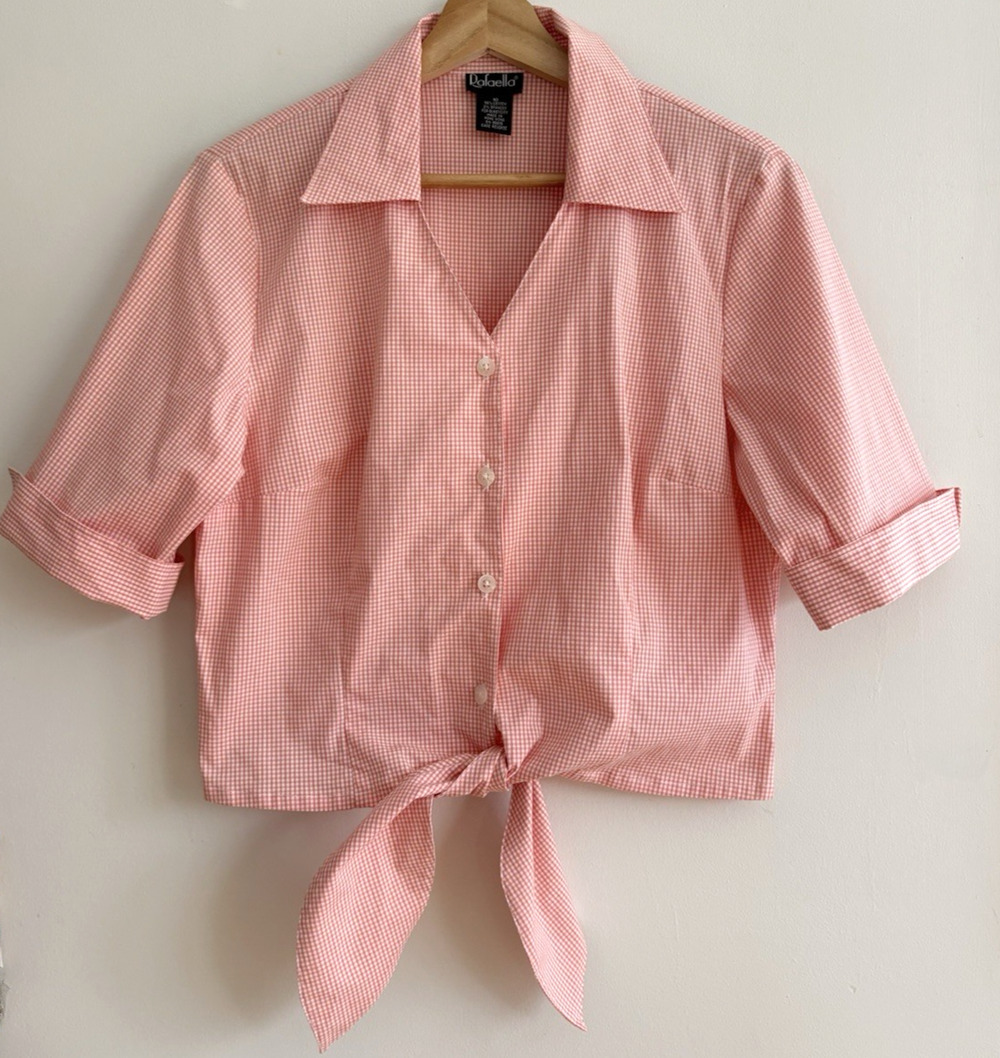 Rafaella Gingham Check Tie Front Cropped Button-Up Shirt Size 10 V-neck Retro
